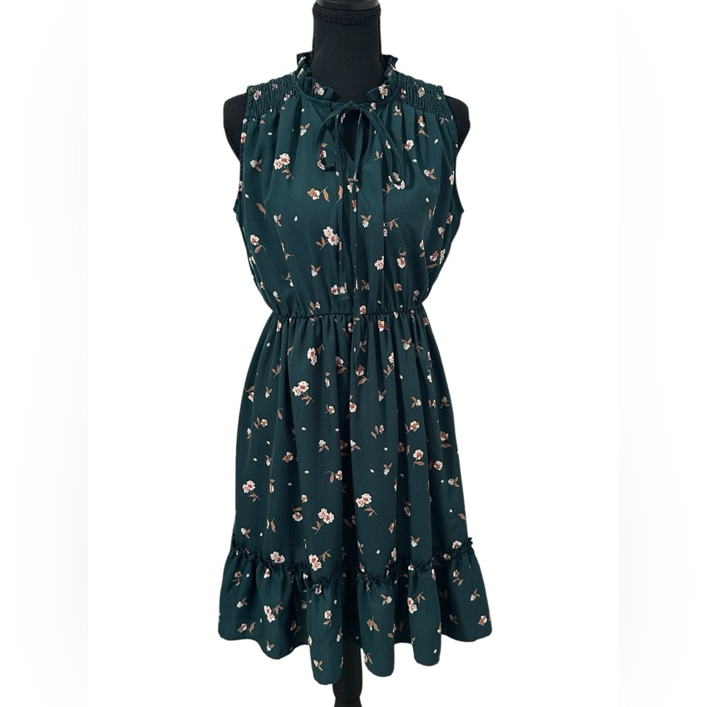 Hailey & Co. (small) Sleeveless Dark Green Floral Tie-Neck Dress
